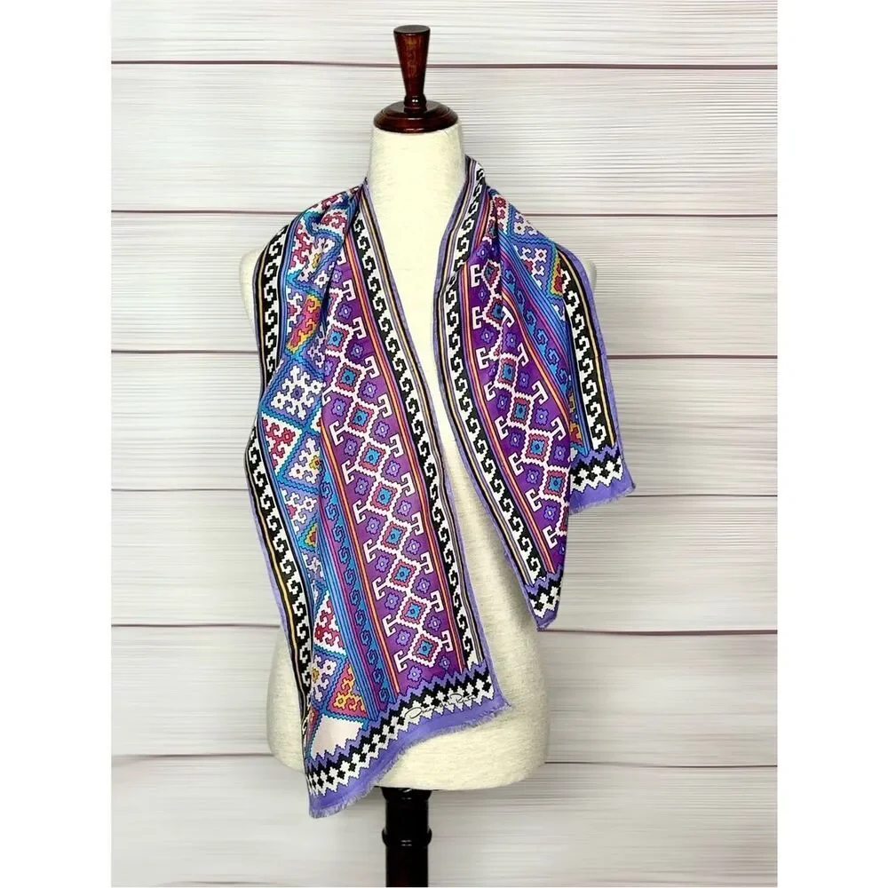 Oscar de la Renta Silk Scarf Geometric Tribal Southwestern Print Purple 11x50